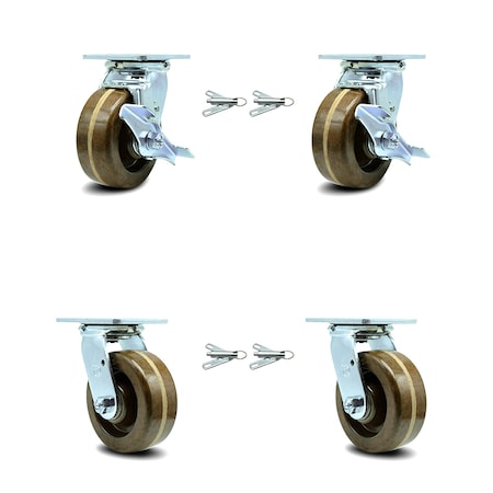 Service Caster 5 Inch High Temp Phenolic Caster Set with Roller Bearings 4 Swivel Lock 2 Brake SCC-30CS520-PHRHT-TLB-BSL-2-BSL-2